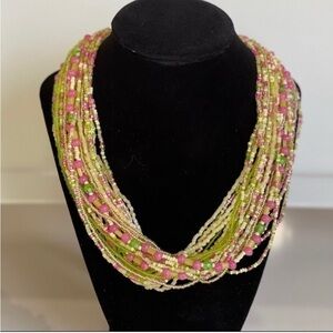 Adjustable Glass Bead Collar Necklace Multi-strand Pink Green Gold